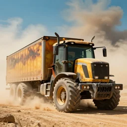 t 6 6 0 tractor trailer truck in mad max : fury road, midday light, dust storm,