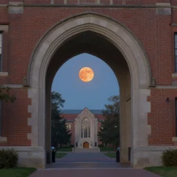 princeton university arch, hyperrealistic, highly detailed, cinematic, single ray of orange moon, beautiful, cgssociety, artstation, 8 k, oil painting