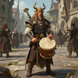 Protean (D&D) holding a drum, ornately dressed, standing in populated Baldur\'s Gate city square, hyperdetailed, artstation, cgsociety, 8k