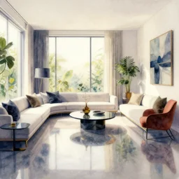 a hiper intricate watercolor of a beauty modern living room, reflexions, smooth, by william turner art, by greg rutowski by edmund dulac, by