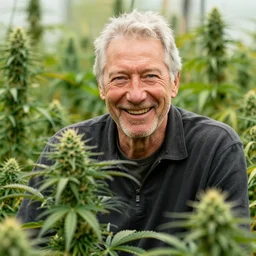 a photograph of morgan freeman happy in a cannabis garden