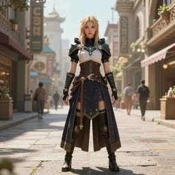 posing for art photography, procedurally generated, epic mage girl character, costume design from shopping mall, ancient city streets behind her, substance designer, PBR, HD, Ultra detailed, hyperrealistic, megascans, volumetric light, concept by master artist, made in paint tool SAI2, good looking face, natural light, outstading piece, solid design, astonishing details