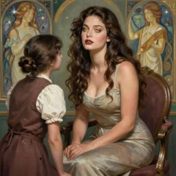 condescension of a proud queen to a servant kneeling before her, long wavy brown, yellow eyes, luscious lips, wearing a low cut tanktop and skirt, sitting in a chair, highly detailed, digital painting, artstation, concept art, smooth, sharp focus, illustration, art by artgerm and alphonse mucha, high definition digital art, in the style of ilya kuvshinov and Ross tran