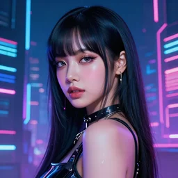 beautiful digital painting of lalisa cyberpunk background with high detail, 8 k, stunning detail, neon lights, photo by wlop, artgerm and greg rutkowski and alphonse mucha, unreal engine 5, 4 k uhd