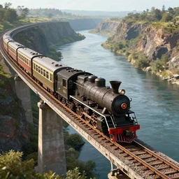 a 3 d render of a realistic looking train on a bridge crossing a large river valley, steam train, highly detailed, hyperealistic, cinematic lighting, rule of thirds, wide perspective, 8 k textures, insane detail, octane render, 3 d, train, choo choo