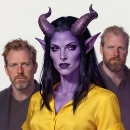 a purple skin tiefling woman, dark hair, curvy horns, with and yellow shirt, portrait by christophe young and dave dorman and rossdraws