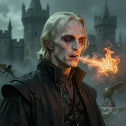 portrait of voldemort, no nose, exudes terror, castle, mysterious breath, spitfire, photography, hyperrealistic, by greg rutkowski, smooth, illustration, elegant, artstation, digital painting.