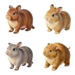 isometric sprite sheet of animals funny in gouache detailed paintings rotated left rotated right props stylised 2