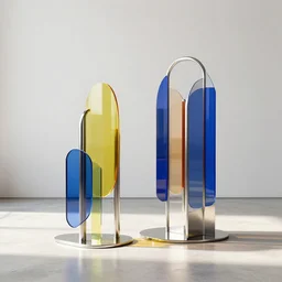 rendering for furniture, stainless steel and color glass, trending on frame magazine, trending on pinterest, bright light enviroment, contemporary art and sculpture style, trending on artstation, octane rendering, like art gallery