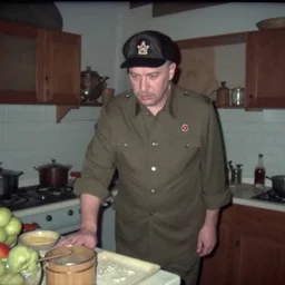 a wax man in a stalinist style kitchen, by mini dv camera, very very low quality, heavy grain, very blurry, accidental flash, webcam footage, found footage, security cam, caught on trail cam