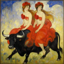 highly detailed painting of gemini goddesses wearing red flower dresses riding a black bull by tamara de lempicka