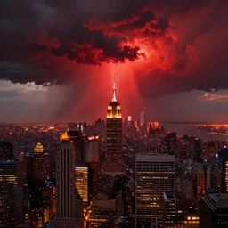 an digital art of fire red alert storm that destroys new york city in style of zdislaw beksinski