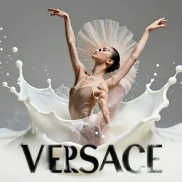 close up of face of fashion model in ballet pose splashed with milk, big drips of milk, official versace editorial, highly detailed