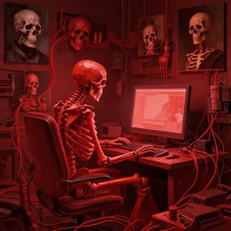 only with red, skeleton sitting in front of a a computer, red wires, dorohedoro vibes, in the style of beksinski, parts by edward hopper, parts by michael sowa, parts by yue minjun, intricate composition, red by caravaggio, highly quality, highly detailed, masterpiece, red light, artstation, 4 k