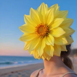 closeup girl with huge yellow dahlia flower face, beach, surreal photography, blue sky, sunrise, dramatic light, impressionist painting, digital painting, artstation, simon stalenhag