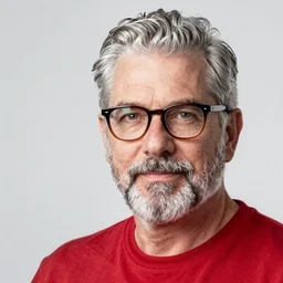 photo of a 5 0 - year old white man, silver hair, neat beard, wearing a red gilet, thick - rimmed glasses, professional corporate portrait, from investor prospectus, studio light, sharp focus