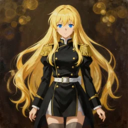 baroque oil painting full body illustration character concept art, anime key visual portrait of young female maid military dictator black uniform, long flowing blonde hair blue eyes, symmetrical perfect face fine detail delicate features quiet gaze, gapmoe kuudere lotr bokeh golden ratio, trending on pixiv fanbox, painted by greg rutkowski makoto shinkai takashi takeuchi studio ghibli