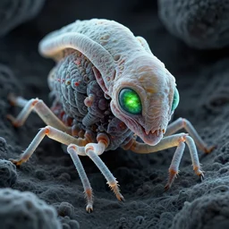 insectoid alien live form, electron microscope image, ultra realistic, intricate details, eerie, green glowing eyes, highly detailed, translucent hoses, octane render, 8 k