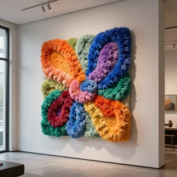 : colorful abstract fuzzy sculpture on the wall in modern architecture studio, cinematic lighting, hyper - realistic, detailed, render by c 4 d octane, unreal engine, 8 k 3 d render