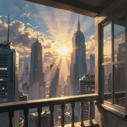 cyberpunk, balcony, windows, light rays, buildings, city, skyscrapers, dystoptian, gorgeous view, no person, depth, adventure game by Lucas Arts, clouds, tending on artstation