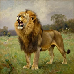 a majestic lion roaring on a meadow, oil on canvas masterpiece by william adolphe bouguereau