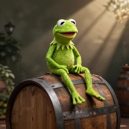 Kermit the frog sitting on top of a sideways oak barrel