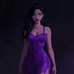 neo - noir, cell shaded, portrait of a woman in a purple dress, dark background, moody lighting, detailed, thick line art, artstation, photoshop, grunge, dark background