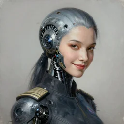 portrait painting of a female japanese android, dark pilot suit, beautiful, smirk, ultra high detail, intricate detail, alien production design, unreal render, cinematic lighting, art 1 9 2 0 period drama by bussiere rutkowski andreas rocha