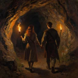 two people holding hands walking through a dark torch lit cave, dnd, old oil painting, 4 k, award winning painting.