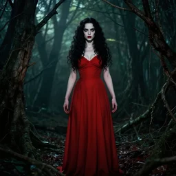 evelyn de morgan, full body, pretty alyson hannigan, evil dead demon, evil dead movie, red dress, symmetrical eyes, symmetrical face, long curly black hair, trees, forest, branches, cinematic lighting, evil dead creature, scary, blood