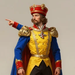 king's royal uniform, blue sleeves, yellow vest, red hat pointing front and back, fashion, fantasy kingdom, realistic and detailed, intricate, elegant, highly detailed, digital painting, trending on artstation, by wlop, 4 k octane render
