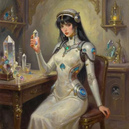 middle eastern scifi alchemist in a well - lit study with crystals, wearing a lovely dress with cyberpunk elements. this oil painting by the award - winning mangaka has an interesting color scheme and impeccable lighting.