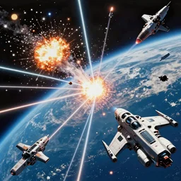 Movie scene of a huge space battle near Earth, with explosions and missile trails and and lasers shooting, detailed spacecraft, hyperdetailed, artstation, cgsociety, 8k