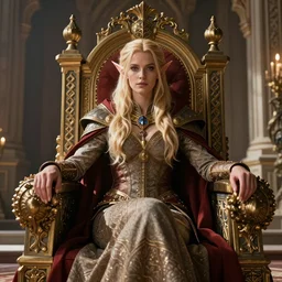 the elder scrolls vi, charismatic regal blonde high elf female jarl, portrait, exquisitely designed throne room, atmospheric lighting, painted, intricate, volumetric lighting, beautiful, daytime, sunny weather, sharp focus, deep colours, ultra detailed, by leesha hannigan, ross tran, thierry doizon, kai carpenter, ignacio fernandez rios