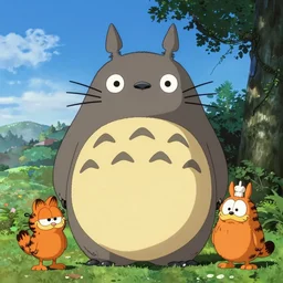 garfield as totoro in my neighbor totoro ( 1 9 8 8 ), with odie and nermal and jon, by jim davis