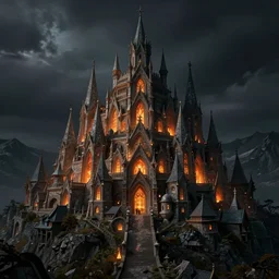 beautiful secret city of the elves gondolin on top of a mountain, magical gloomy mystical. by konstantin razumov, fractal flame, chiaroscuro, highly detailded