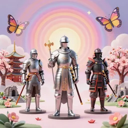 3 d render of catholic knight samurai in a sakura temple ruins landscape, sakura season, against a psychedelic surreal background with 3 d butterflies and 3 d flowers n the style of 1 9 9 0's cg graphics against the cloudy night sky, lsd dream emulator psx, 3 d rendered y 2 k aesthetic by ichiro tanida, 3 do magazine, wide shot
