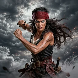 a strong pirate woman in a sleeveless vest, angry, black lines running up her arms like veins, fighting, storm clouds in the background, long dark hair, character art, full body art, Dungeons and Dragons, D&D, trending on artstation, artgerm, 4k ultra hd, sharp focus, digital art by Ilya Kuvshinov and Ross Tran,