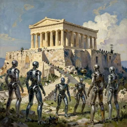 a painting of a acropolis with cyborgs, by moebius, jean giraud & kilian eng