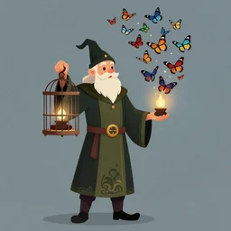 wizard holding a cage, with a swarm of butterflies fluttering out, digital 2d fantasy art, Tolkien