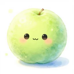 lightly lime colored cute puff ball with adorable face, beautiful watercolor illustration, digital art