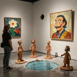 plasticine sculpture stop motion. salvador dali clay models. visitor. shadows. gallery paintings of flower. john craxton. water on floor. room with a hole in wall. high detail. photorealistic