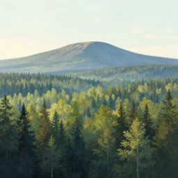 beautiful swedish forest from the view of a mountain, soft colors, by simon stålenhag, by Greg Rutkowski, by James Gurney, by Afremov