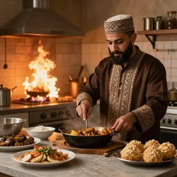 algerian cooking while streaming on twitch, with his kitchen on fire in the background