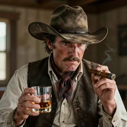 wild west cowbow wearing a heavily worn cowboy hat while holding a cigar in his left hand and a glass of whiskey in his right hand, looking dramatic, ultra realistic, 8 k, award winning