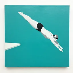 acrylic painting on wood of a woman wearing a swimming cap diving from a high diving board into a pool. the pool is out of frame. teal, white, black and grayscale. simple. flat. vintage, mid - century modern. mid - drive, in the air, fully body, anatomically correct