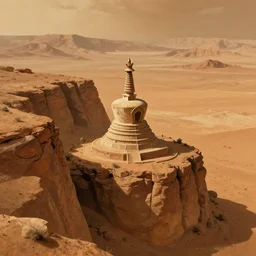 Buddhist stupa!! on Mars, nestled in a Martian!!! cliffside, wide shot, cinematic, epic, mountain range, volumetric, detailed, concept artwork by Thomas Cole and Tim Hildebrandt