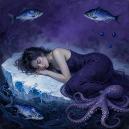 dark purple, a female art student falling asleep, misty, iceberg, black paint, dark, sensual, dreamy, waves, swirls, blue drips, fish, blueberries, octopus, neo - impressionist, surrealism