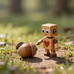 an absolutely adorable tiny wooden robot has fallen in love with an acorn, octane, tilt shift, hearts, googly eyes, twee