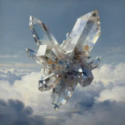 a painting of a crystal abstract sculpture flying in the clouds, a detailed matte painting by christophe vacher, cgsociety, fantasy art, matte painting, matte drawing, concept art